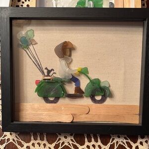 Framed AUTHENTIC Sea Glass Art of Person on Scooter